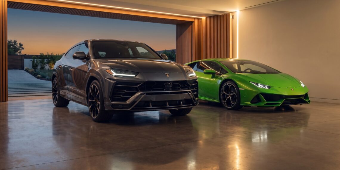 Lamborghini Urus and Huracán parked side by side in a private garage