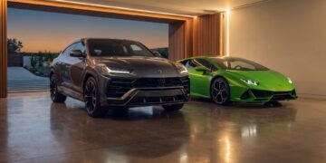 Lamborghini Urus and Huracán parked side by side in a private garage