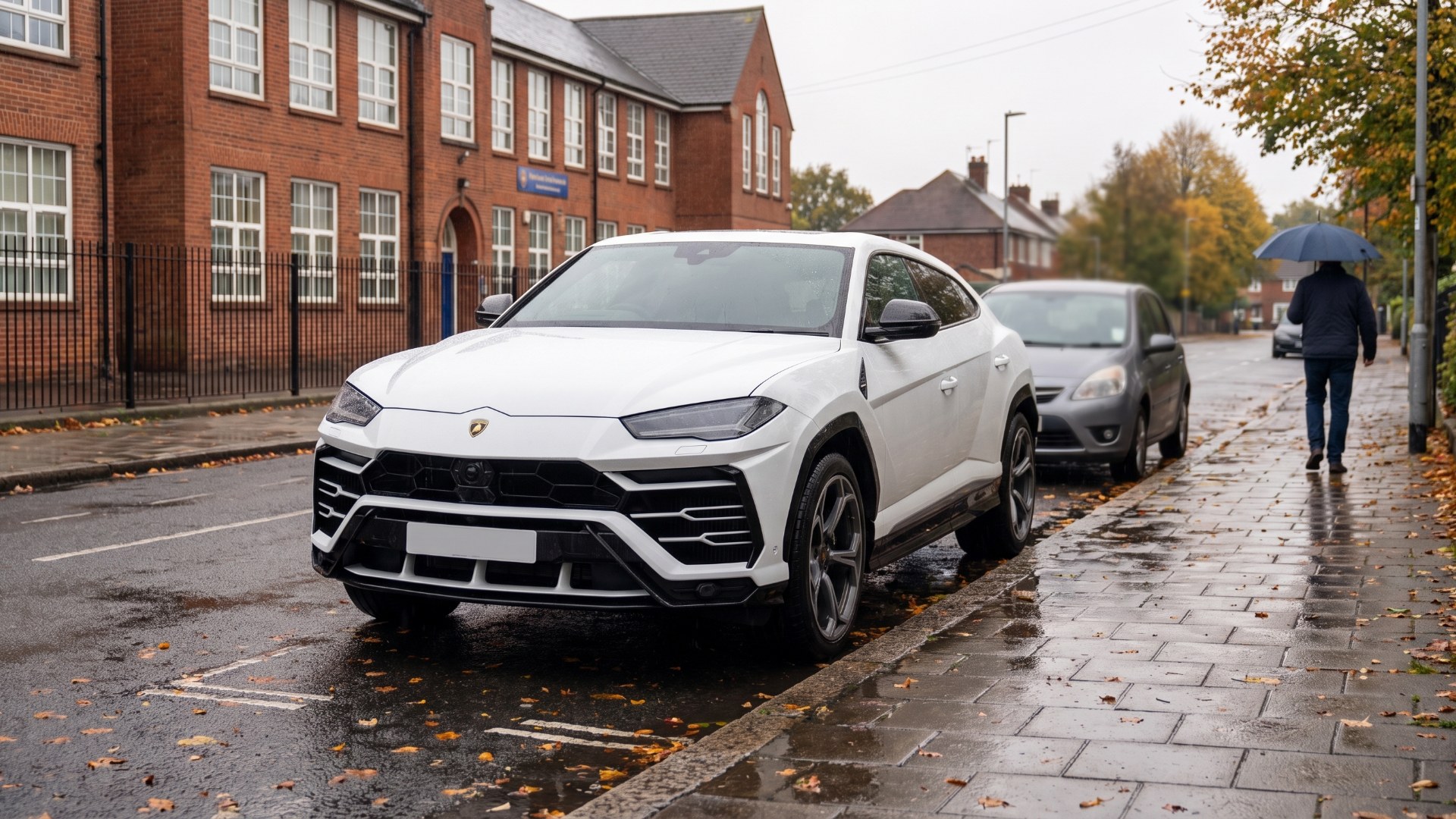 White Lamborghini Urus exotic SUV parked outside a brick school on a rainy morning