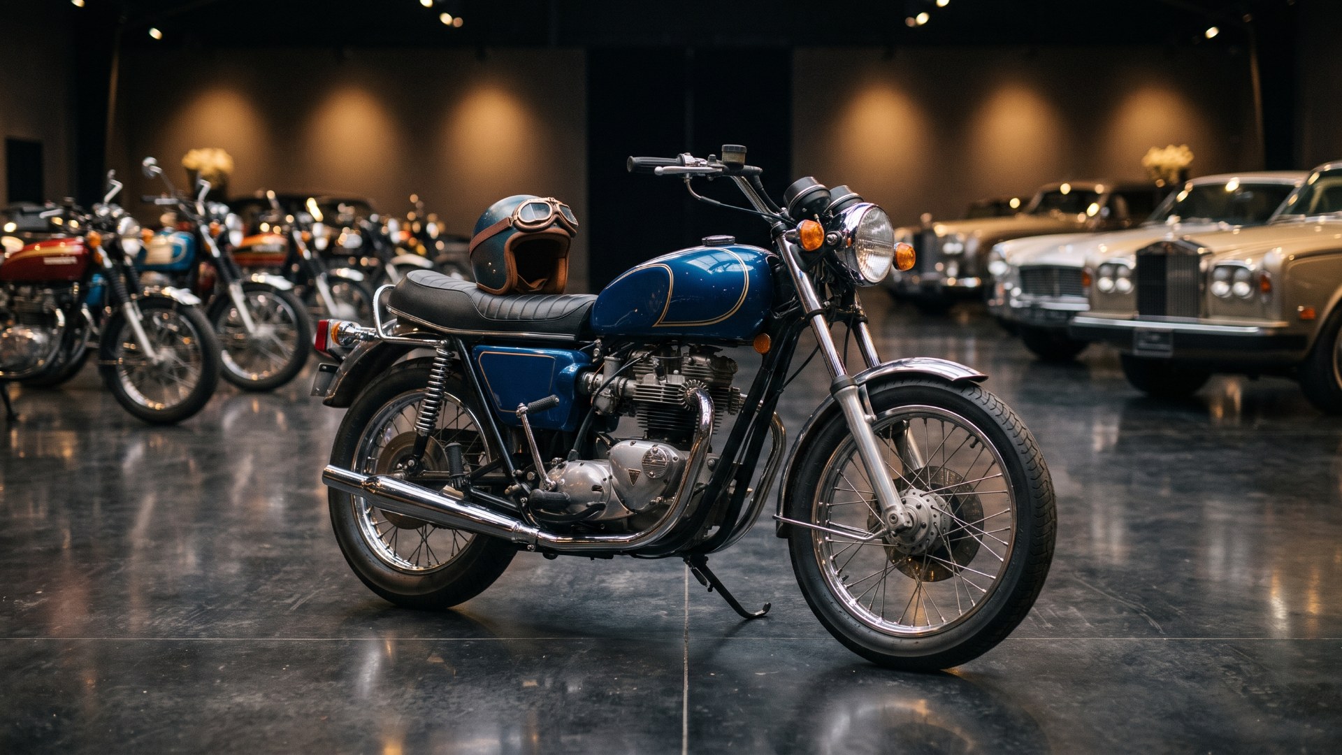 Blue late-1970s British twin motorcycle with a helmet on the seat in a collector-vehicle viewing hall