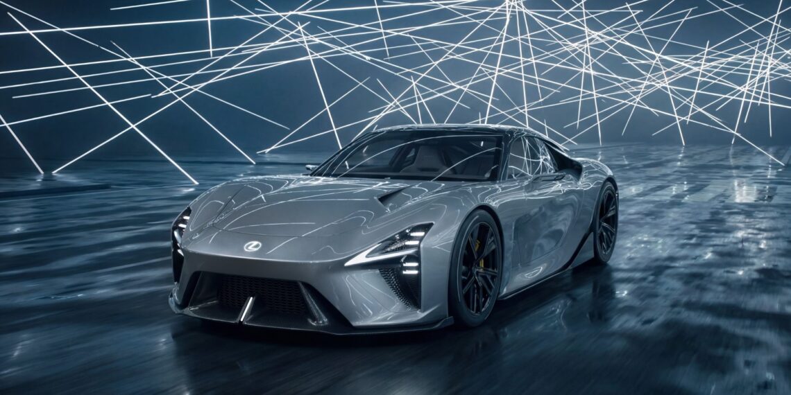 Silver Lexus LFA Concept electric sports car, front three-quarter view