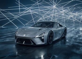 Silver Lexus LFA Concept electric sports car, front three-quarter view