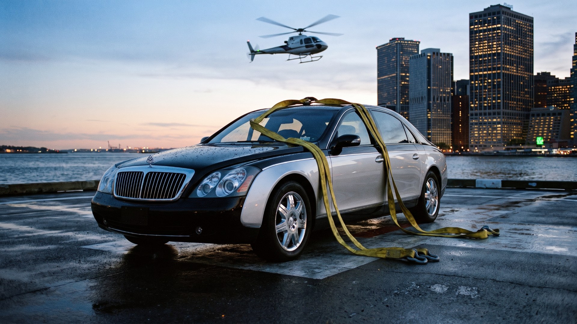 Two-tone 2002 Maybach 57 on the Downtown Manhattan Heliport after delivery by helicopter at dusk