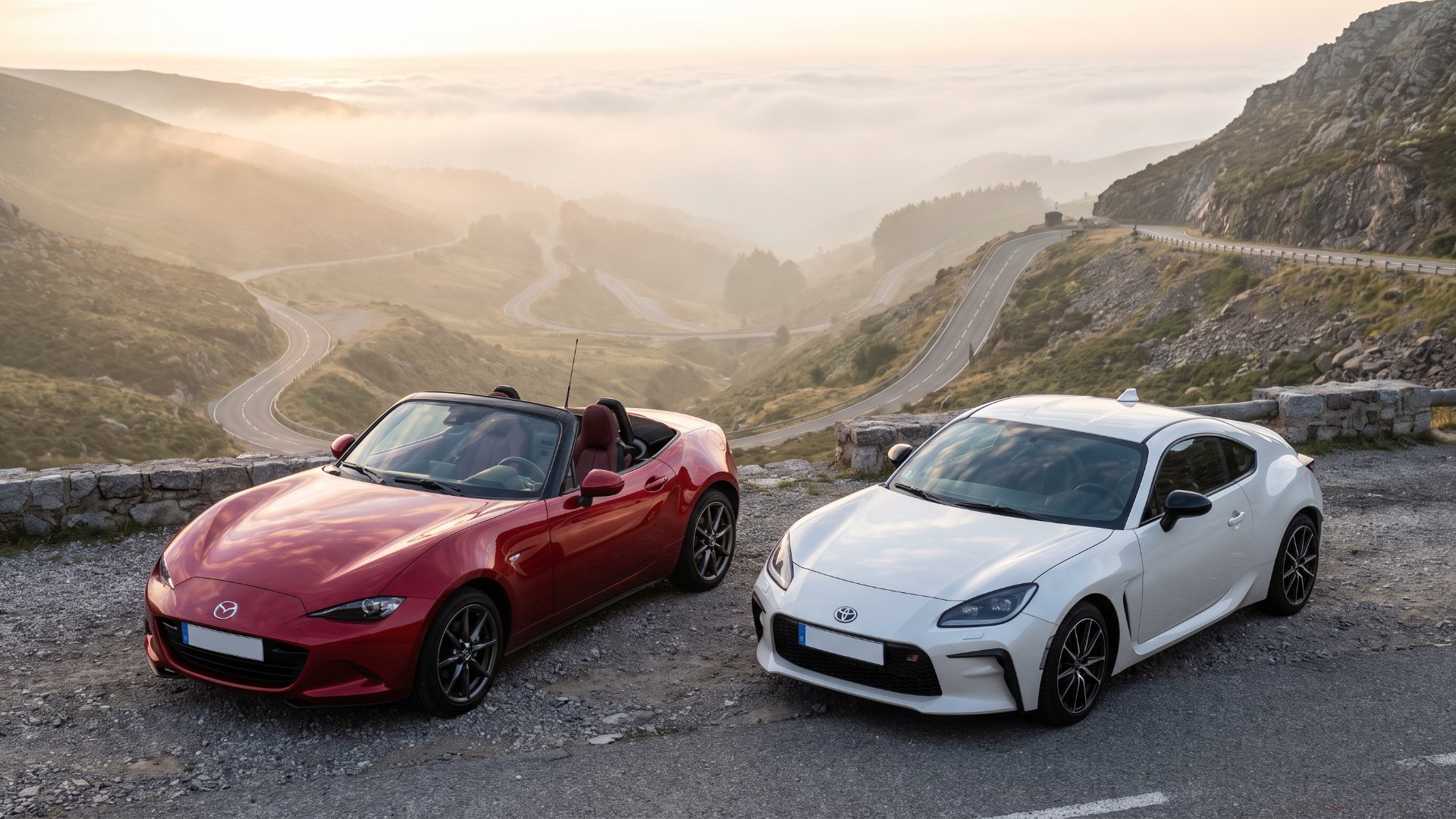 Red Mazda MX-5 Miata and white Toyota GR86 parked at a mountain overlook