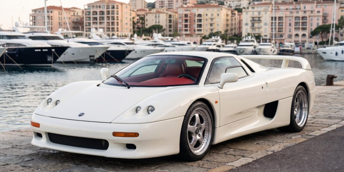 Ivory-white MCA Centenaire supercar parked on a harbor quay in Monaco