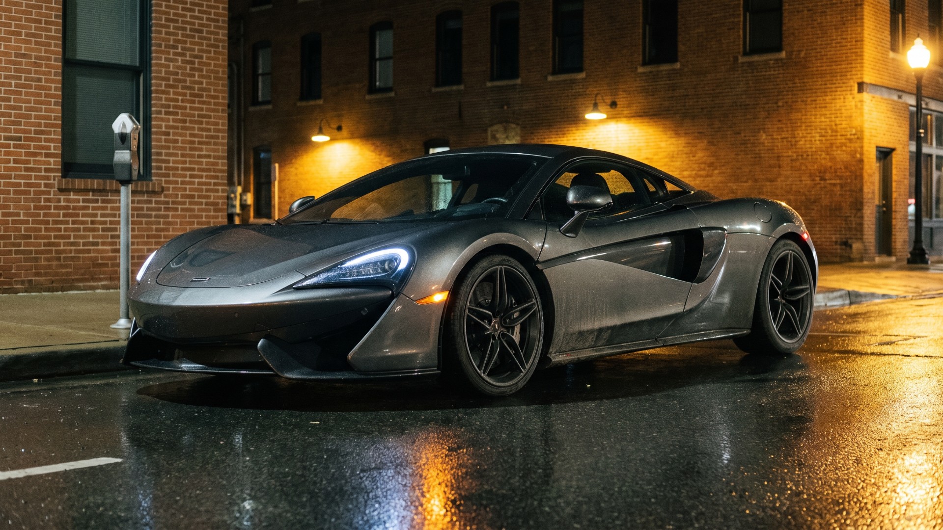 Grey McLaren 570S coupe with road grime parked on a wet city street at night