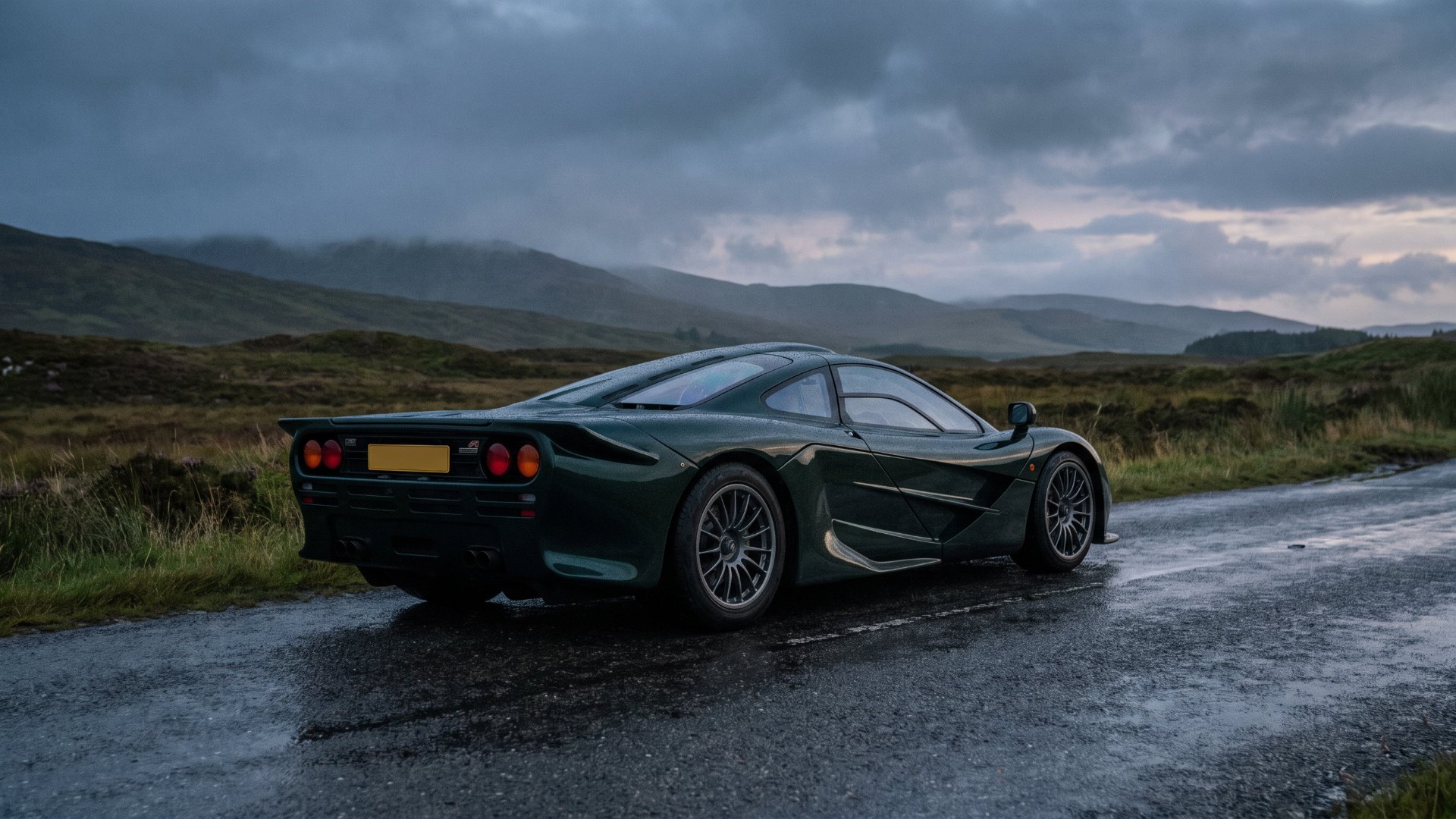 Dark green McLaren F1 GT Longtail road car on a wet Highlands road at dusk, rear three-quarter view, editorial illustration
