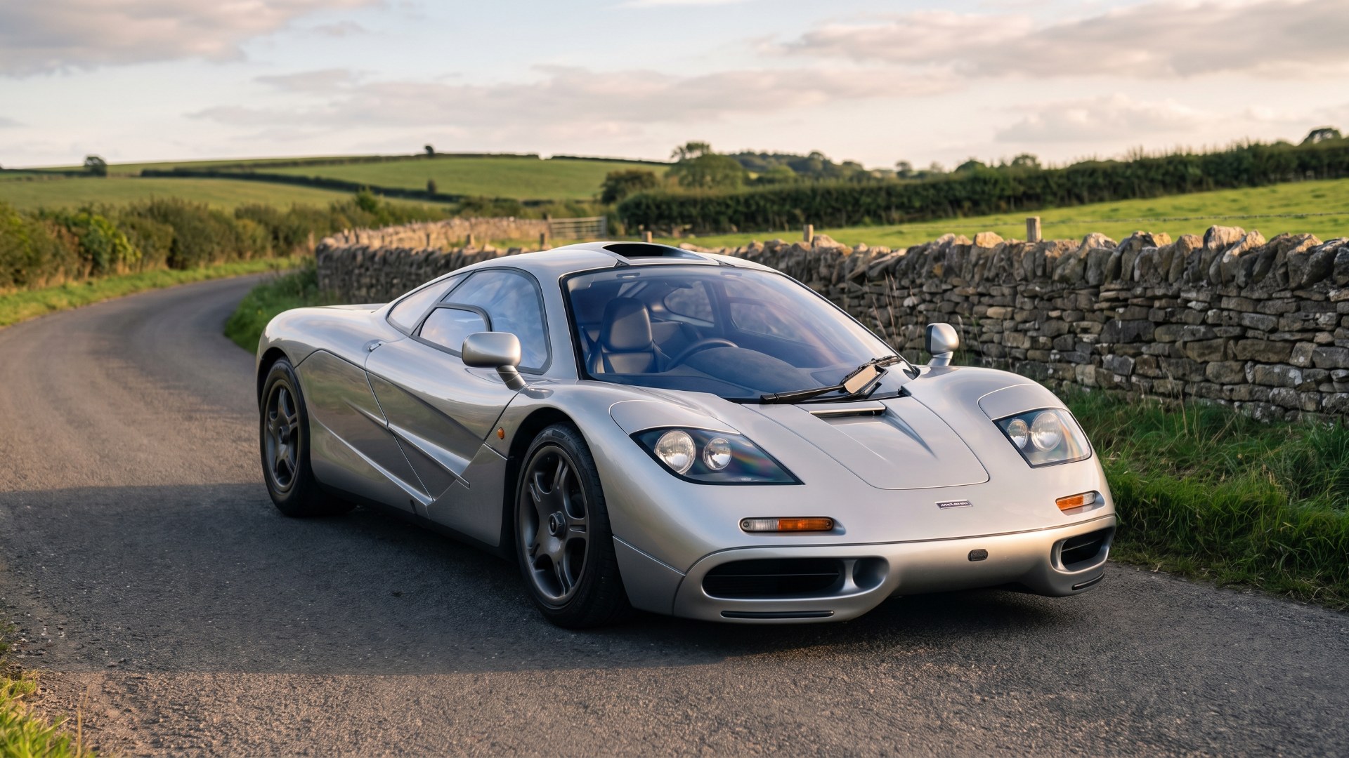 Silver McLaren F1 road car on an English country lane beside a stone wall
