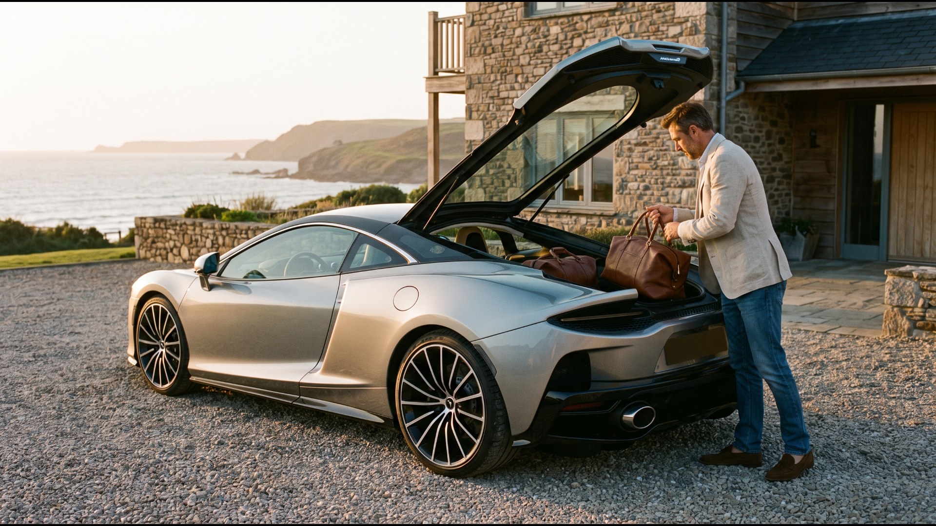 Man loading a leather weekender bag into the rear luggage bay of a silver McLaren GT outside a coastal hotel