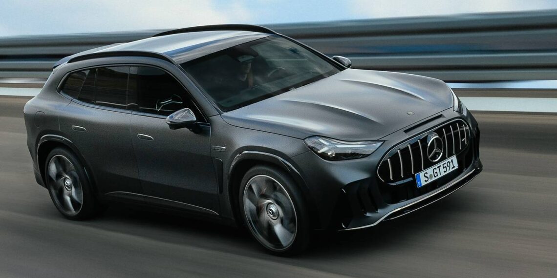 Grey Mercedes-AMG GT SUV driving on a highway