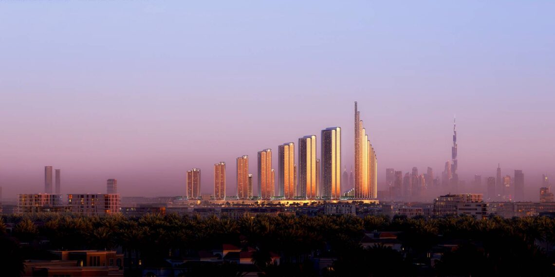 Rendering of the planned Mercedes-Benz Places Binghatti City masterplan: twelve gold-lit towers rising in a graduated line to a tall spiraling tower, with the Dubai skyline and Burj Khalifa in the distance at dusk