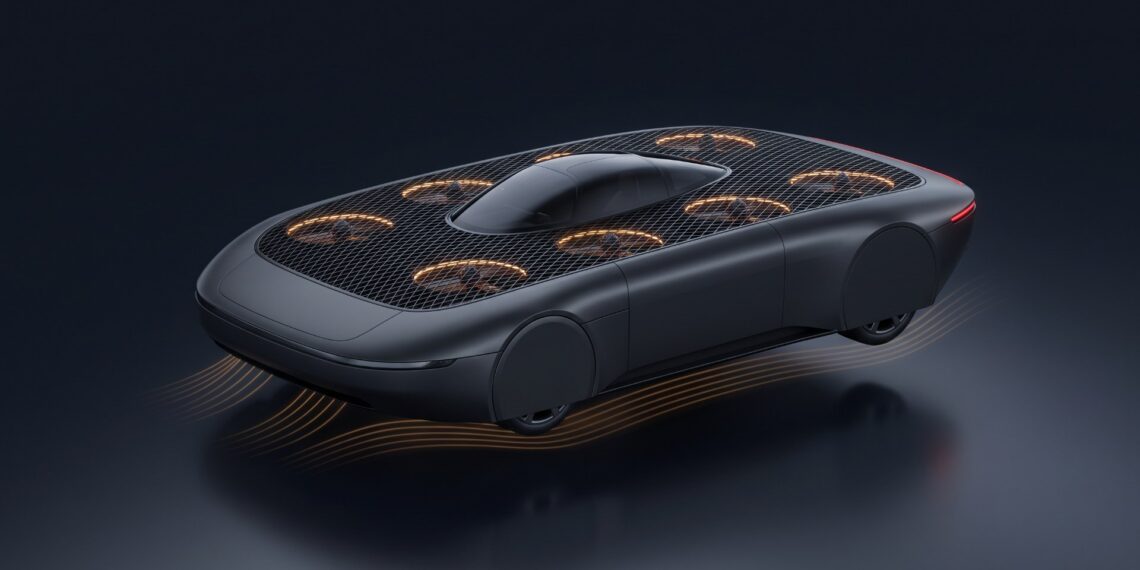 Illustration of a charcoal flying car with a mesh-covered body, eight glowing propellers visible beneath the mesh, hovering just above the ground
