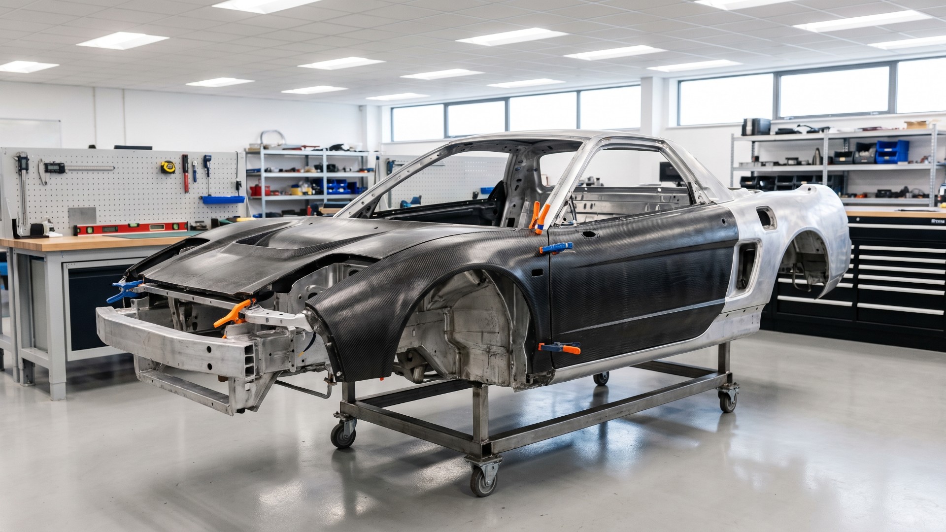 Bare aluminum NSX body shell on a workshop stand with unpainted carbon-fiber panels fitted