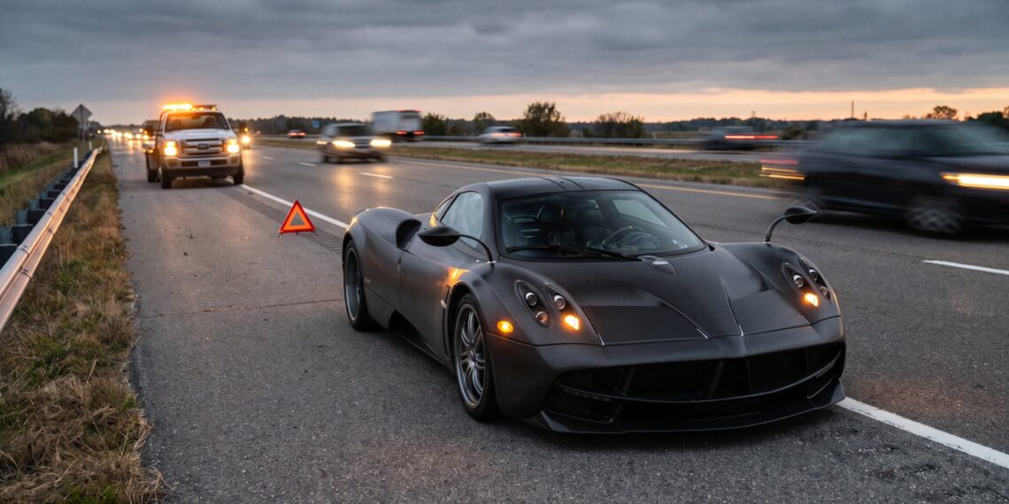 Illustration of a dark carbon-fiber hypercar resembling a Pagani Huayra stopped on an interstate shoulder at dusk with hazard lights on, a warning triangle behind it and a recovery truck approaching in the distance