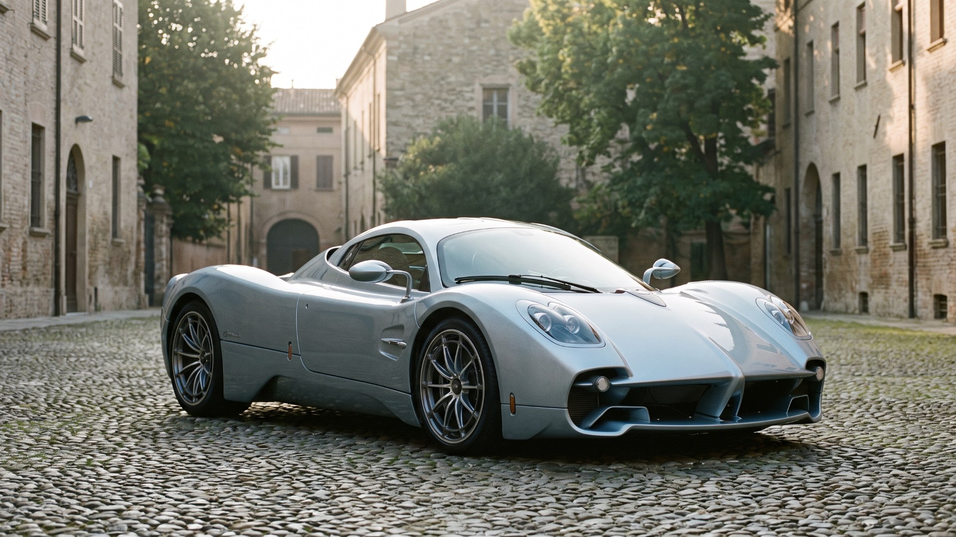 Silver-blue Pagani Utopia coupe parked in a cobbled Italian courtyard, seen from the front three-quarter