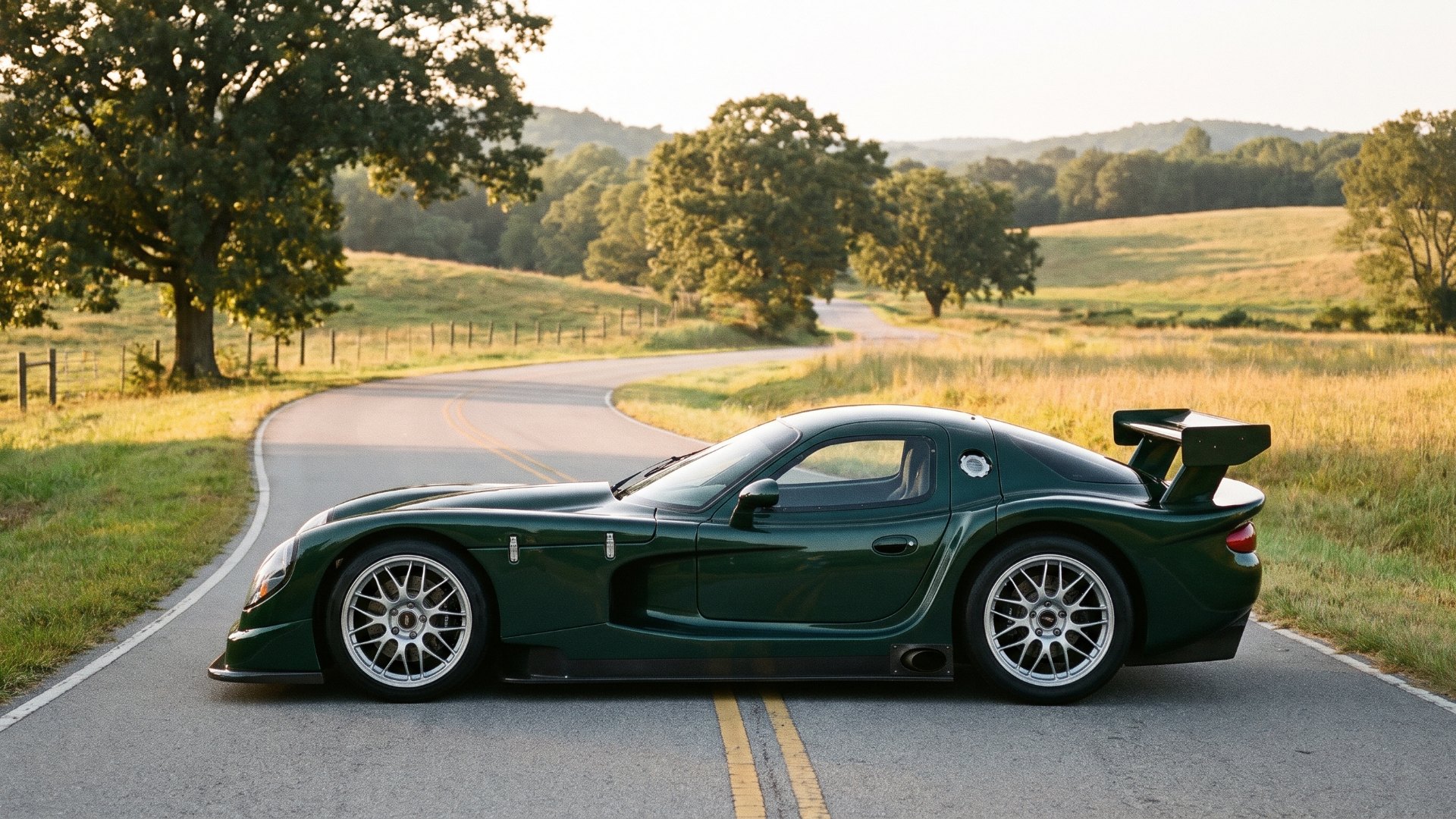 Dark green Panoz Esperante GTR-1 with long hood and rear wing on a Georgia country road, side profile, editorial illustration