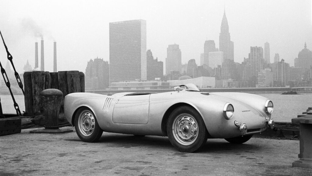 Silver Porsche 550 Spyder photographed on a New York pier in 1953