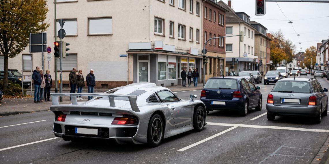 Silver Porsche 911 GT1 Straßenversion road car waiting at a red light on a German town street, editorial illustration