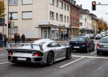 Silver Porsche 911 GT1 Straßenversion road car waiting at a red light on a German town street, editorial illustration