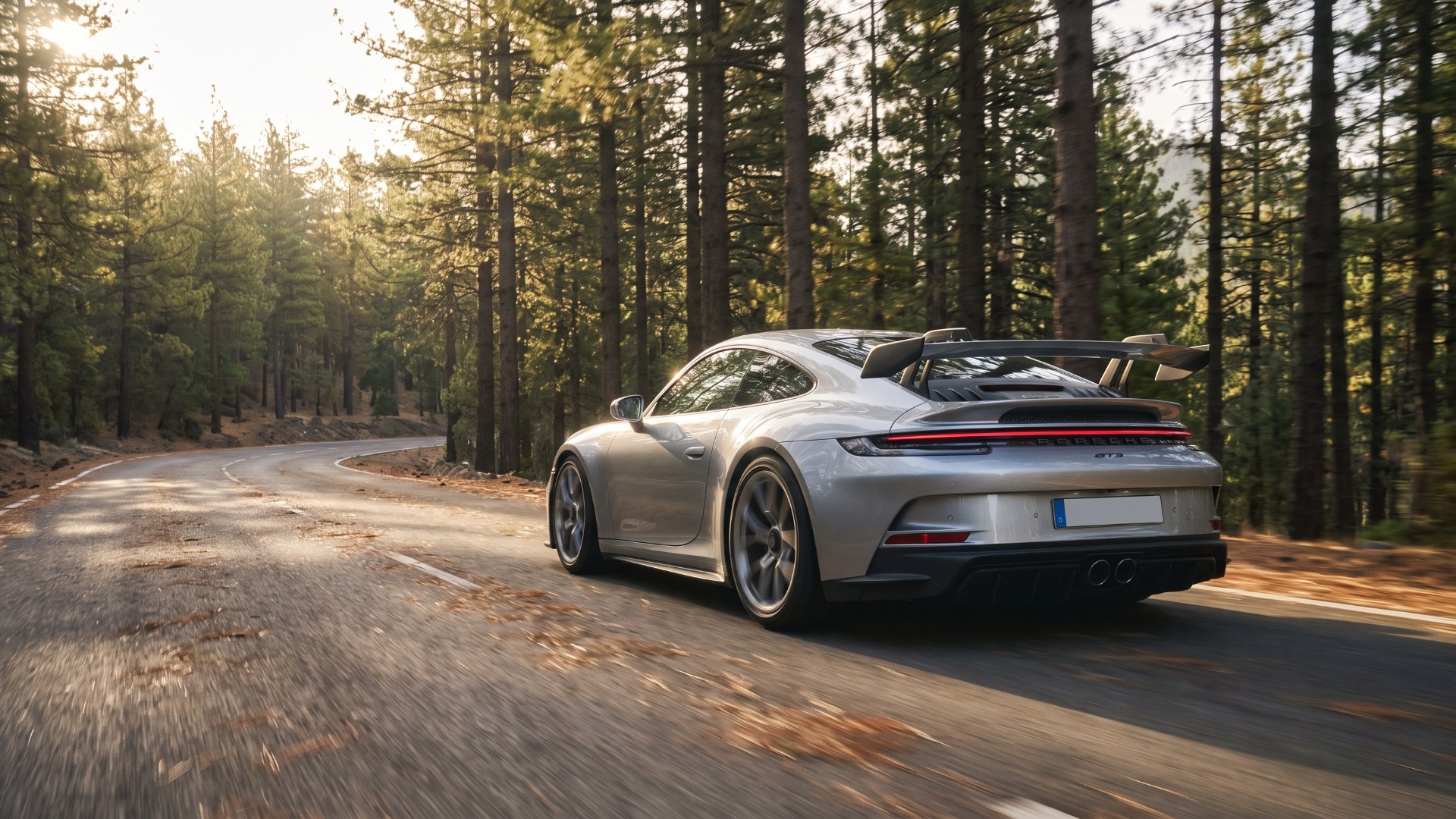 Silver Porsche 911 GT3 with a swan-neck rear wing on a forest road, seen from the rear three-quarter