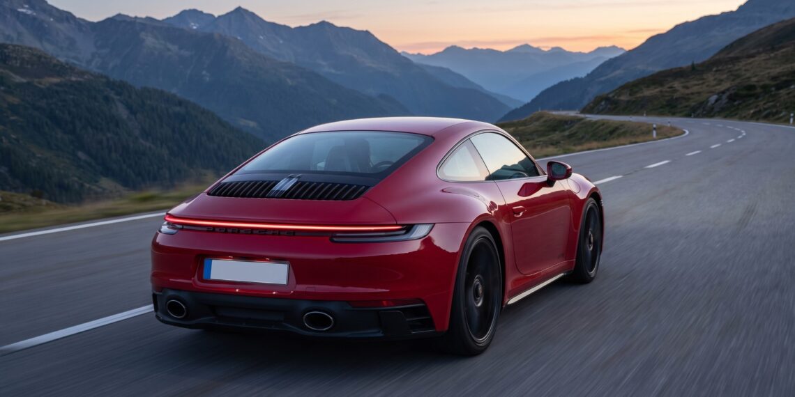Red Porsche 911 coupe seen from the rear on a mountain road at dusk, its slatted engine lid and full-width light bar visible