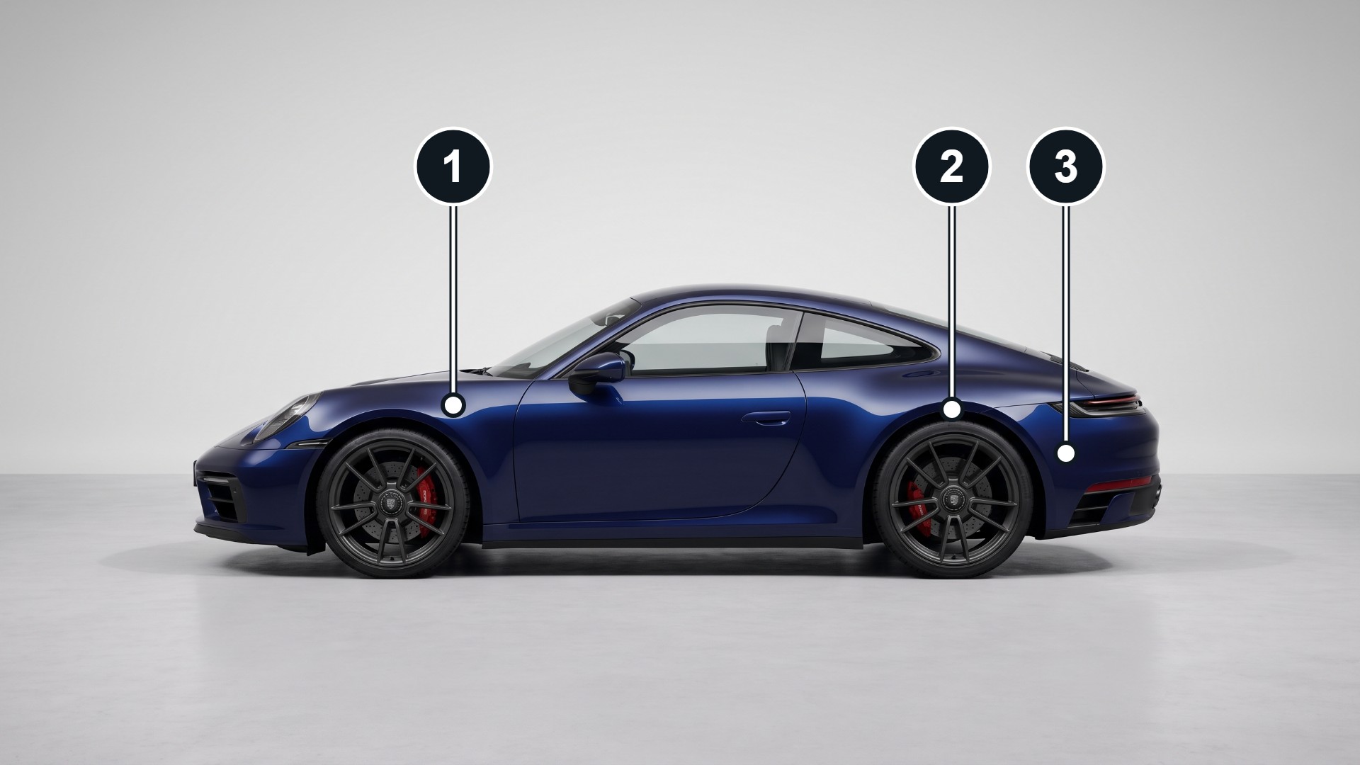 Side view of a blue Porsche 911 with three numbered markers: one at the front for the hybrid battery, two at the rear for the electric motor and the flat-six engine