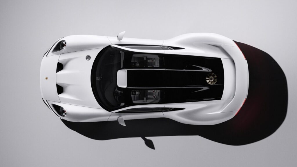 Overhead view of the white Porsche Mission S showing its cockpit and rear deck