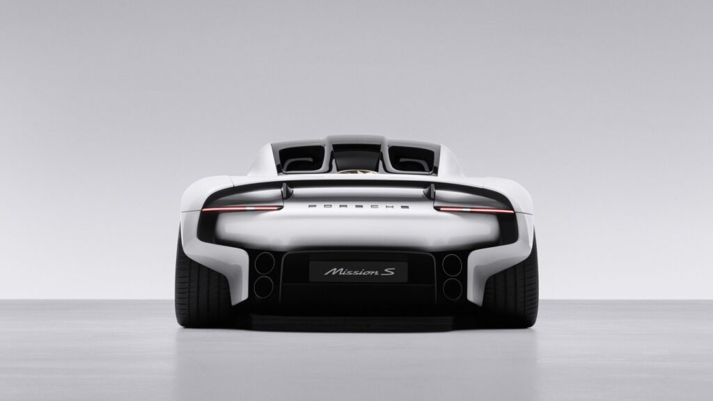 Rear view of the Porsche Mission S with its integrated rear wing and full-width taillight