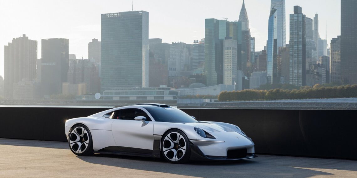 White Porsche Mission S vision model parked on a waterfront pier with the Manhattan skyline behind it