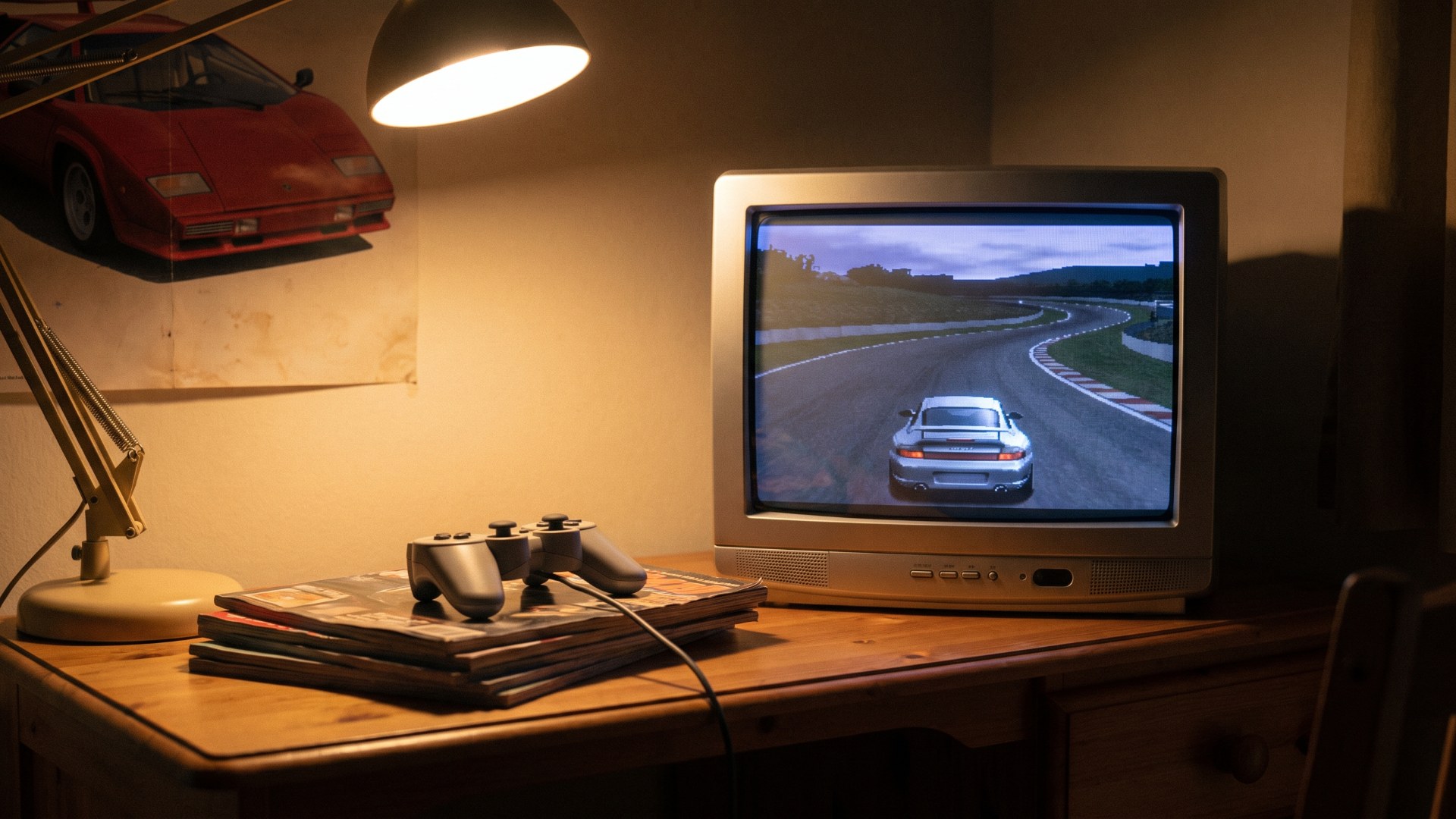 CRT television showing a racing game beside a game controller and car magazines on a bedroom desk