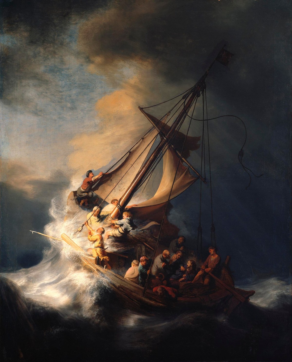 Rembrandt painting of a small boat tossed by storm waves under dark clouds, with figures struggling aboard