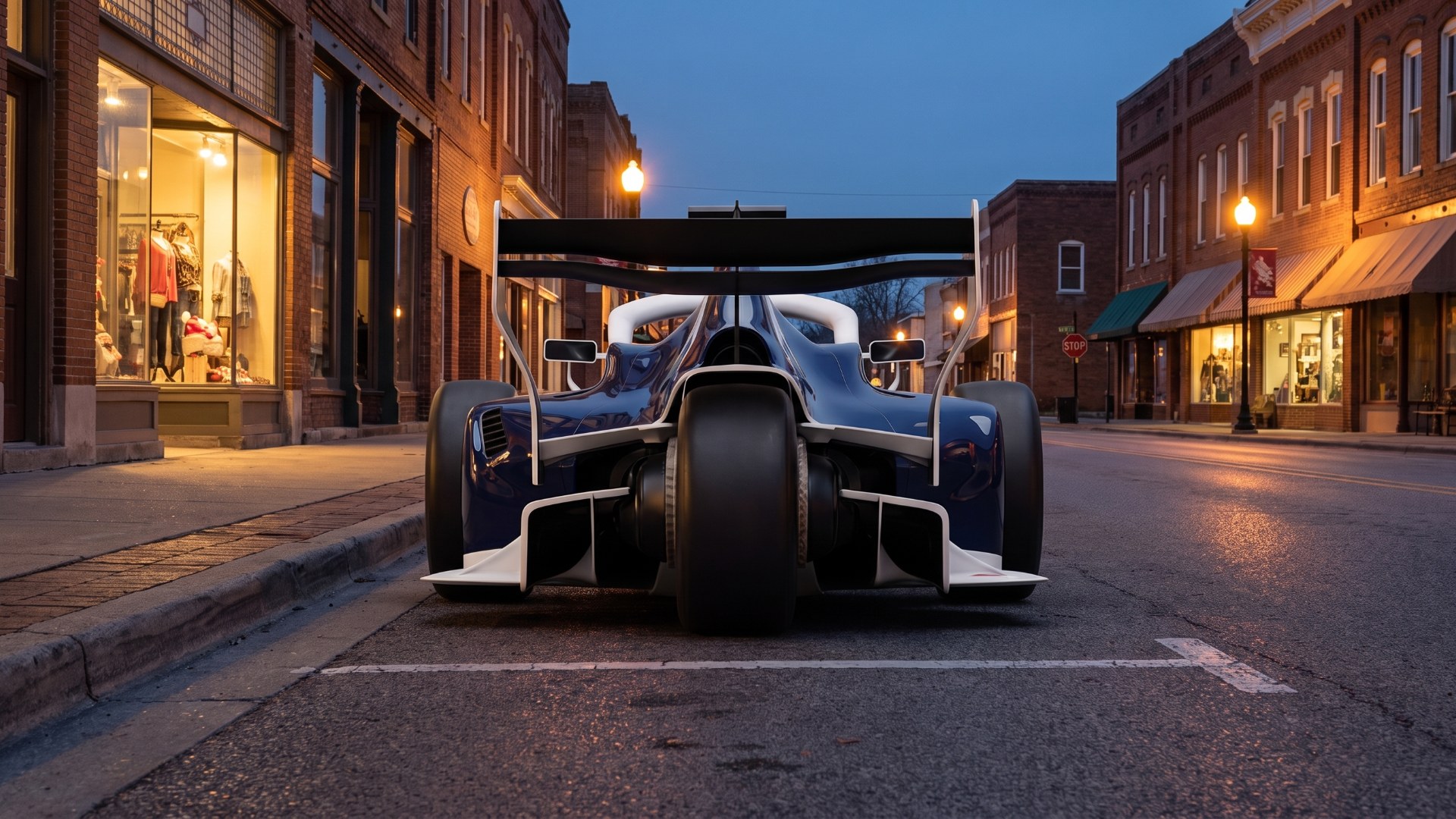 Illustration of a navy blue RYN FP3 parked on a small-town street at dusk, one wide rear tire centered under the wing