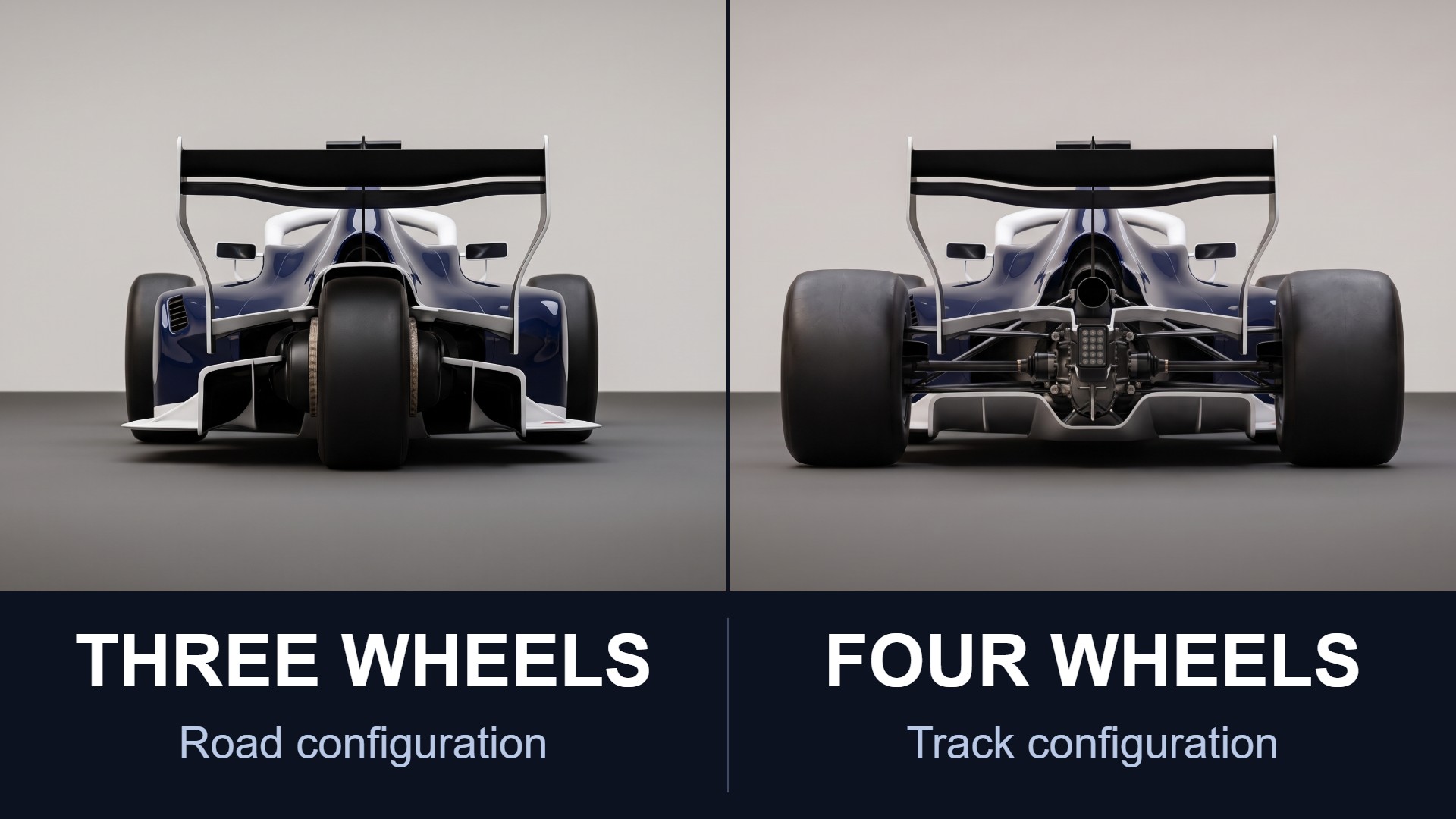 Side-by-side rear views of the RYN FP3: three wheels, labeled road configuration, and four wheels, labeled track configuration