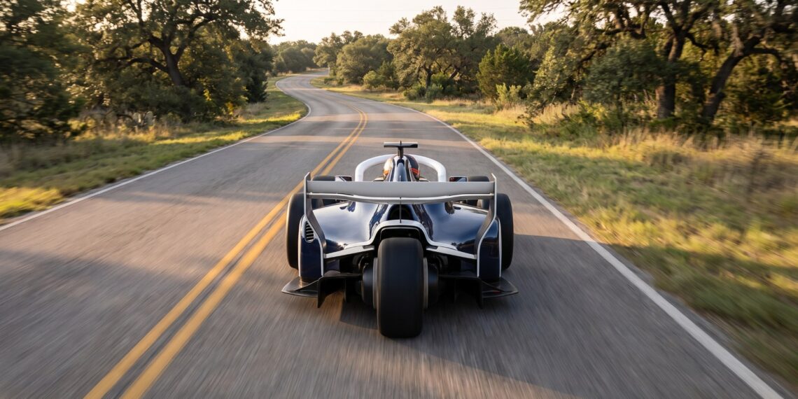 Illustration of a navy blue RYN FP3 on a two-lane road, seen from behind with its single rear wheel visible