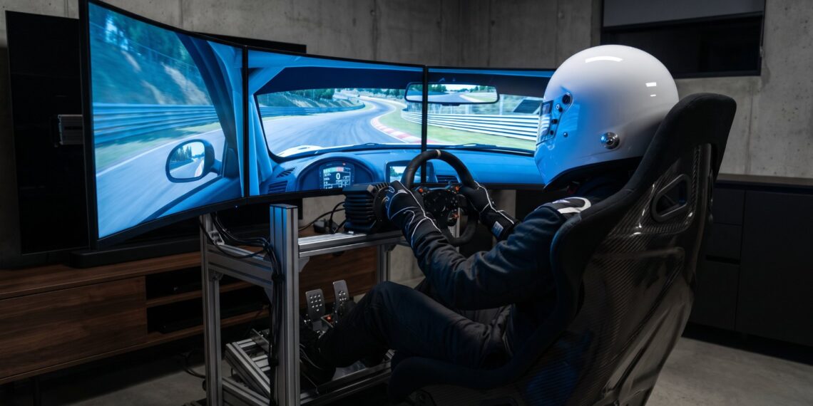 Sim racer in a white full-face helmet and race suit at a professional racing simulator with a direct-drive wheel and three curved screens showing a circuit