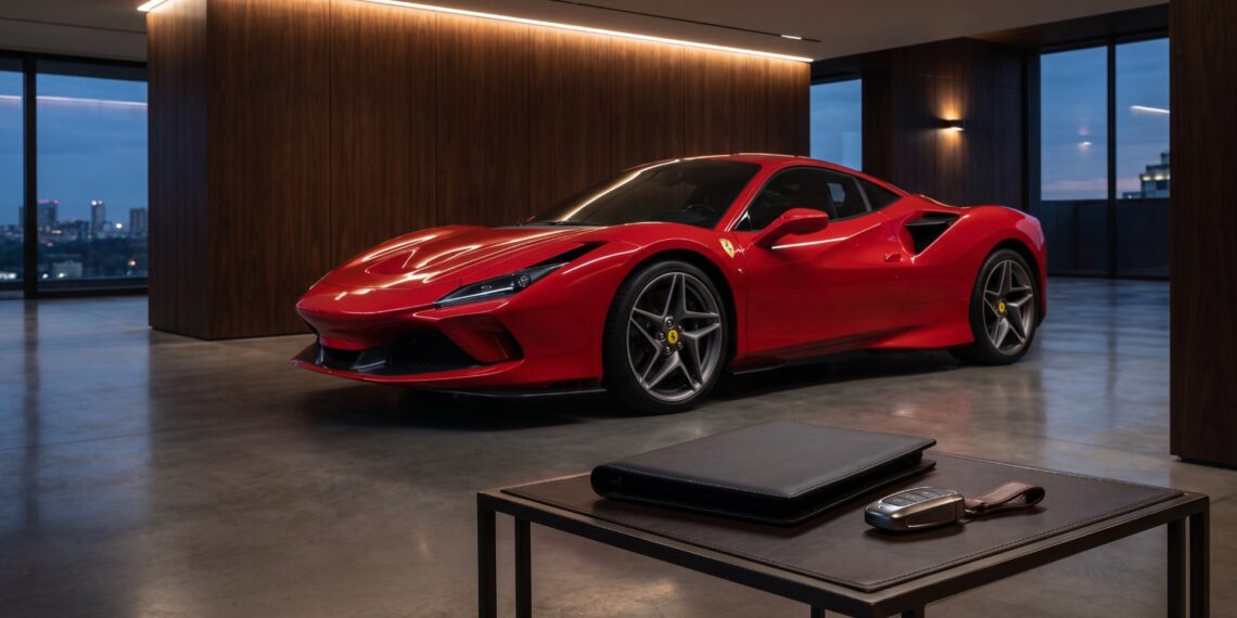 Illustration of supercar deals in progress: a red Ferrari in a private garage, with a closed document folder and key fob on a side table