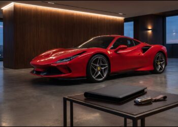 Illustration of supercar deals in progress: a red Ferrari in a private garage, with a closed document folder and key fob on a side table