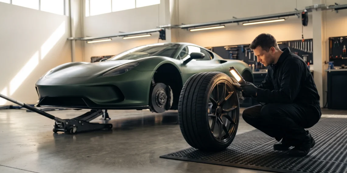 A technician inspects the sidewall of a removed performance tire beside an unbadged supercar in a workshop.