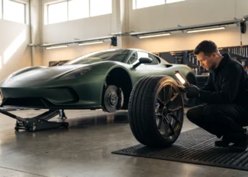 A technician inspects the sidewall of a removed performance tire beside an unbadged supercar in a workshop.
