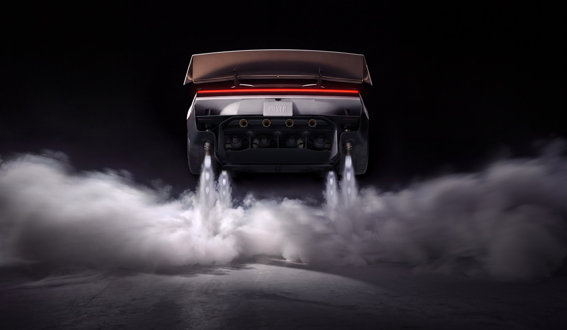 Rear view of the Tesla Roadster with its wing raised and four plumes of compressed air firing from rear nozzles