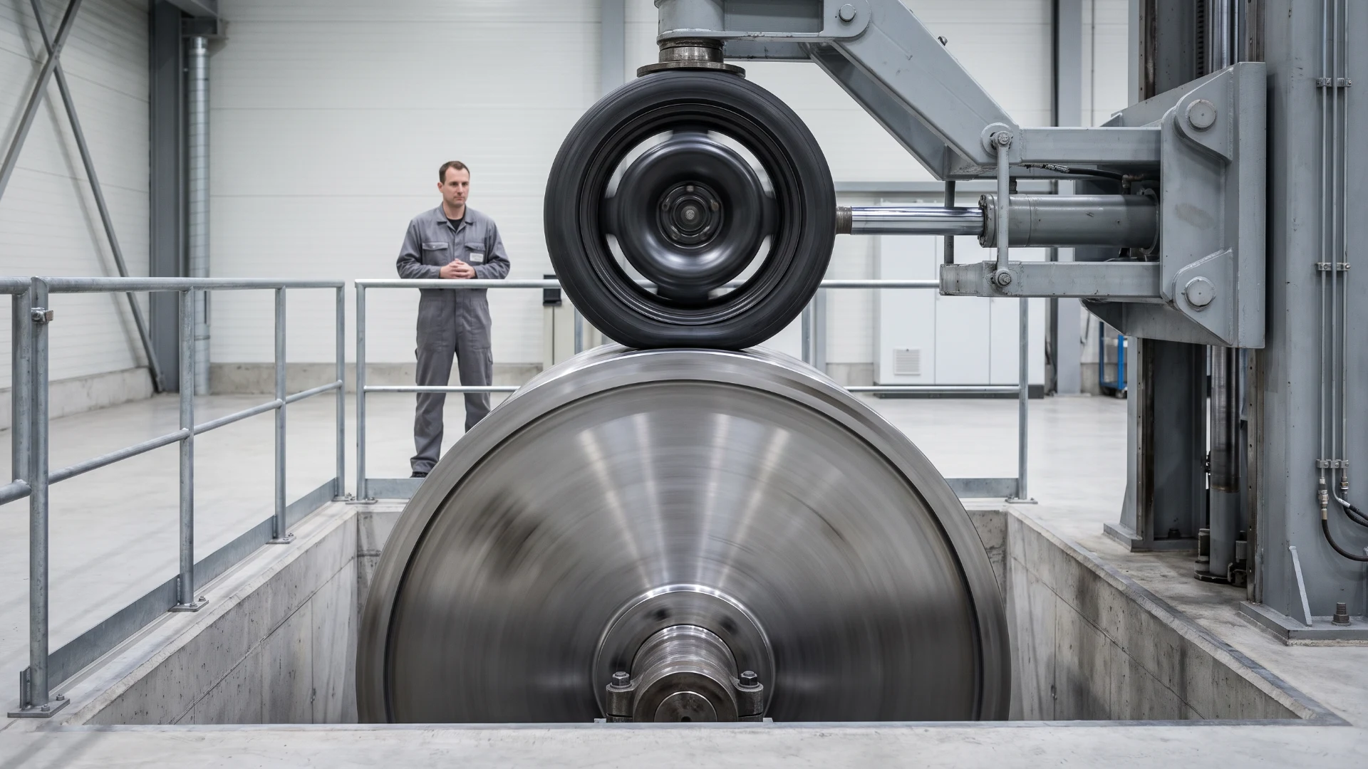 A performance tire is pressed onto the top of a large steel test drum by a hydraulic loading frame while an engineer watches from behind a railing.