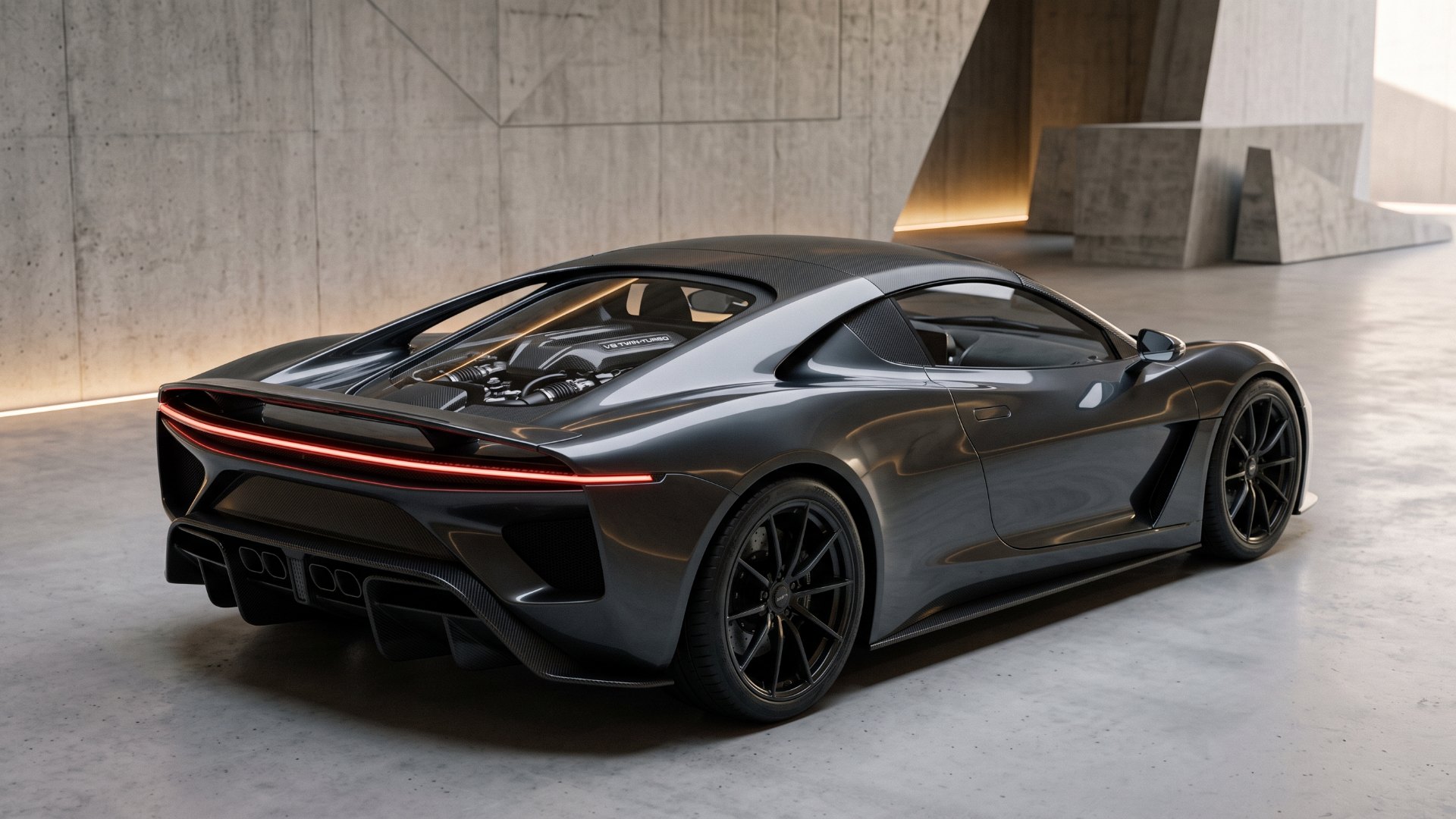 Fictional dark grey mid-engine supercar with a glass engine cover showing a V8, parked in a concrete garage
