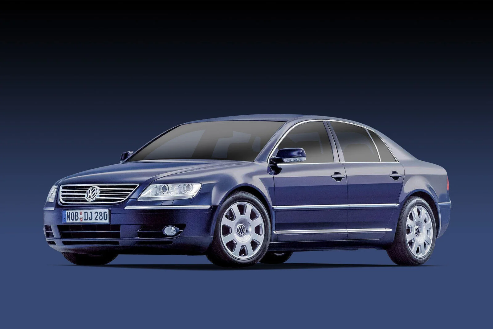 Dark blue Volkswagen Phaeton sedan in a studio