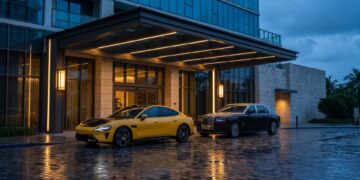 Yellow Xiaomi SU7 Ultra parked beside a dark two-tone Rolls-Royce Phantom outside a hotel entrance at dusk